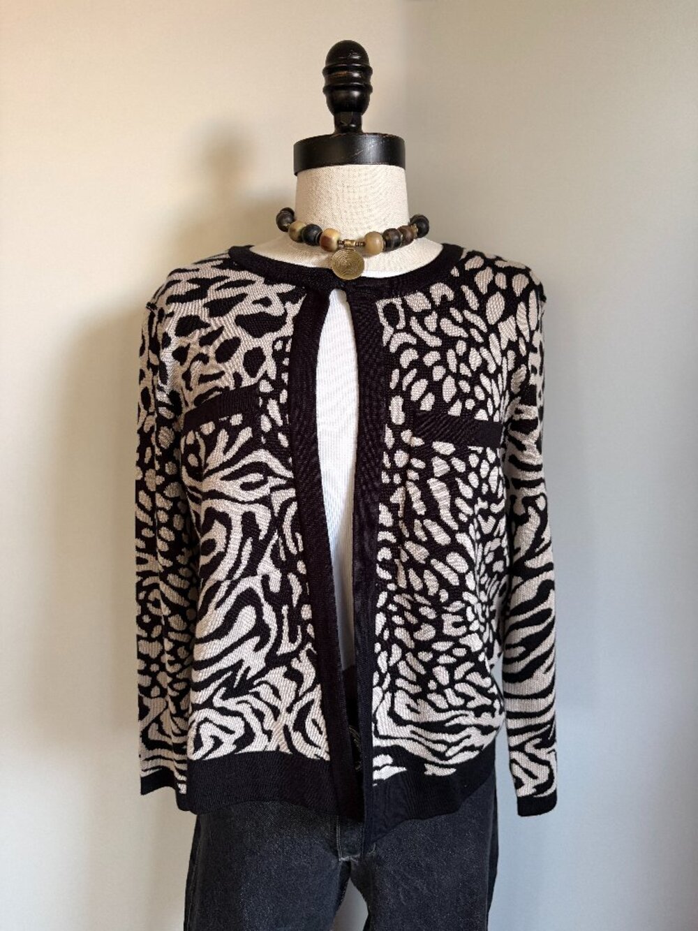 Vintage Y2K Anne Klein Animal Print Knit Jacket Large Black Cream